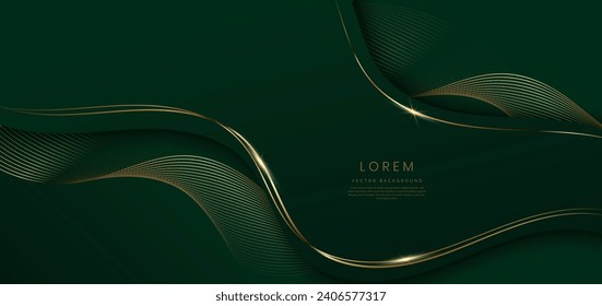 Abstract 3d green background with gold lines curved wavy sparkle with copy space for text. Luxury style template design. Vector illustration