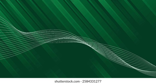 Abstract 3d green background with gold lines curved wavy sparkle with copy space for text. Luxury style template design. Vector illustration