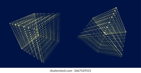 Cubo verde 3D abstrato feito de partículas e malha de arame, design de bloco digital futurista representando rede global, IA, blockchain, visualização de dados e tecnologia cibernética.