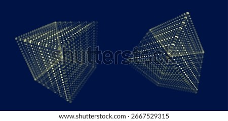 Abstract 3D green cube made of particles and wireframe mesh, futuristic digital block design representing global network, AI, blockchain, data visualization, and cyber technology.
