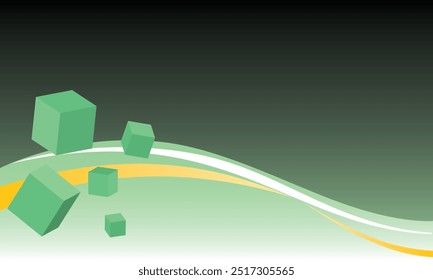 Abstract 3D green cubes floating over a smooth gradient background with dynamic curved lines in yellow and white. Ideal for creative designs, presentations, websites, or futuristic visual projects.