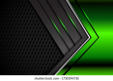 Abstrakter 3d-grüner Pfeil überlappen sich auf dunkelgrauem Hochglanz mit texturierter moderner Luxus futuristischer Technologie Hintergrund Vektorgrafik.