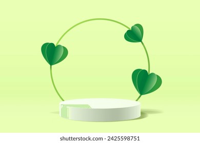 Abstract 3D green scene with white cylinder stand for displaying products decorated with green paper cut hearts, Save Environment background, Vector illustration