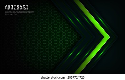 Abstract 3D Green Techno Background Overlap Layers On Dark Space With Light Arrows Effect Decoration. Modern Template Element Future Style Concept For Flyer, Card, Cover, Brochure, Or Landing Page