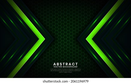 Abstract 3D green techno background overlap layers on dark space with light arrows effect decoration. Modern template element future style concept for flyer, card, cover, brochure, or landing page