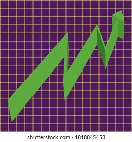Una flecha abstracta 3d de tendencia ascendente verde contra un gráfico morado.