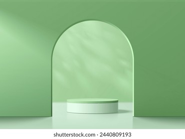 Fondo abstracto del podio del cilindro verde y blanco 3D con la sombra de la hoja en puerta del arco. Presentación de maquetas de exhibición de productos. Escena de pared mínima pastel. Escaparate escénico. Diseño geométrico vectorial de plataformas.