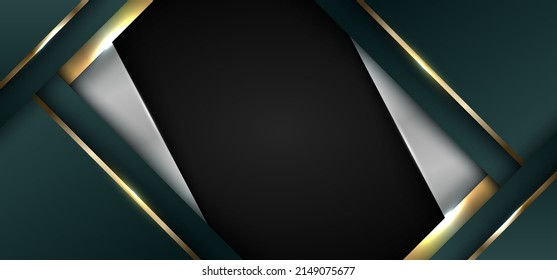 Abstract 3D green and white stripes triangles shapes with shiny gold lines lighting effect on black background banner template luxury style. Vector illustration