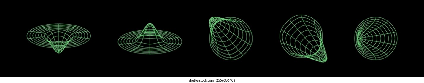 Abstract 3D green wireframe geometric shapes displayed in various forms on a solid black background, emphasizing symmetry and digital art. Isolated vector