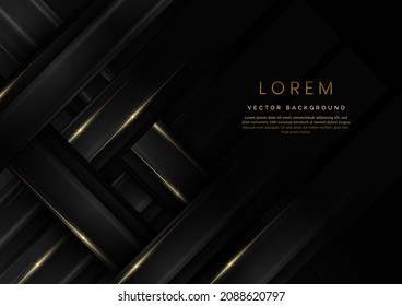 Abstract 3D grey and black luxury geometric diagonal overlapping shiny black background with lines golden glowing with copy space for text. Vector illustration