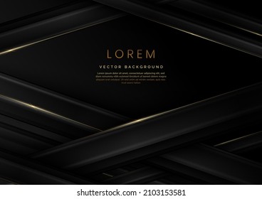 Abstract 3D grey and black luxury geometric diagonal overlapping shiny black background with lines golden glowing with copy space for text. Vector illustration