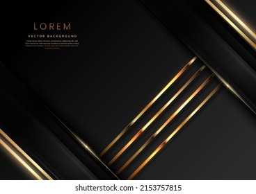 Abstract 3D grey and black luxury geometric diagonal overlapping shiny black background with lines golden glowing with copy space for text. Vector illustration