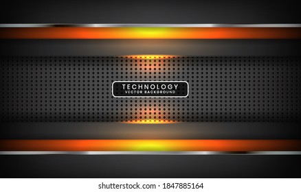 Abstract 3D grey techno background overlap layers on dark space with orange light effect decoration. Modern graphic design template elements for poster, flyer, card, cover, brochure, or landing page