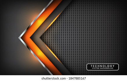 Abstract 3D grey techno background overlap layers on dark space with orange light effect decoration. Modern graphic design template elements for poster, flyer, card, cover, brochure, or landing page