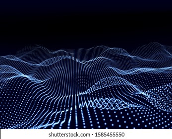 Abstract 3d grid with blue particles glow on black. Technology abstract vector. Futuristic wave background.