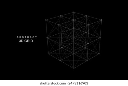Abstract 3D grid cube. From dots and lines. Primitive object. 3D technology design. Futuristic wireframe structure for technology or science concepts. Vector Illustration. 
