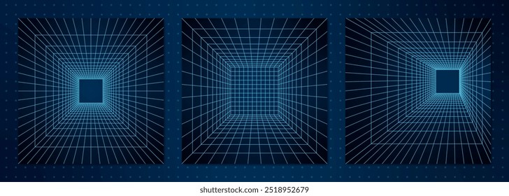 Abstract 3d grid portals with neon lines creating geometric wireframe shapes on dark background. Retro Y2K mesh tunnel design featuring symmetrical patterns in an abstract techno style.