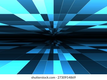 Abstractas sala de rejilla 3D. Suelo de baldosas de neón, líneas de estructura de alambre geométrica en perspectiva, paisaje espacial azul digital, fondo tecnológico retro futurista. Arquitectura virtual, horizonte de datos y diseño cibernético.
