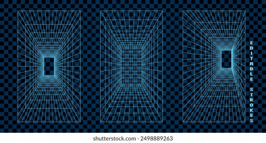 Abstract 3D grid shapes with wireframe mesh, rendered in neon blue. The geometric lines form futuristic y2k tunnels and cyber elements. Tech retro patterns on a dark background.