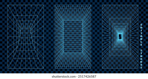 Abstract 3D grid shapes with wireframe mesh, rendered in neon blue. The geometric lines form futuristic y2k tunnels and cyber elements. Tech retro patterns on a dark background.