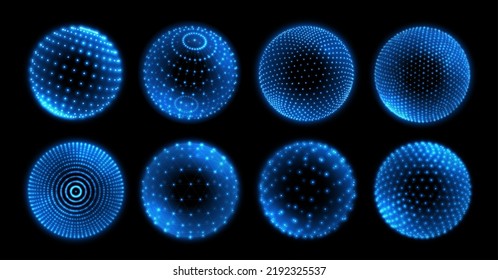 Abstract 3d grid sphere with glowing dots. Virtual reality ball, dotted atomic high poly spheres. Vector set of spheres