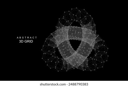 Abstract 3D grid torus knot. From dots and lines. Primitive object. 3D technology design. Futuristic wireframe structure for technology or science concepts. Vector Illustration. 