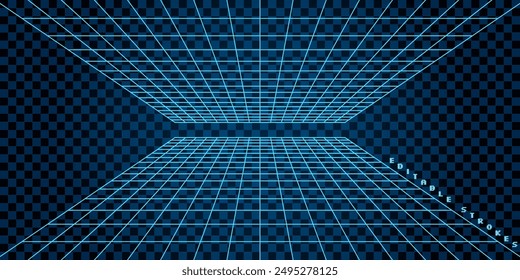 Abstract 3D grid with wireframe mesh creating a perspective tunnel. Futuristic geometric shape with retro Y2K and cyberpunk elements. Digital art in cool neon tech style.