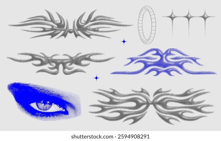 Abstract 3d halftone Neo-tribal shapes collection. Minimal brutal decorative design elements for typography, apparel, tattoo, poster, cover art etc Vector y2k design