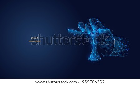 Abstract 3d hand holding chess piece queen isolated in dark blue background. Low poly mesh wireframe consisting of connected dots, lines and triangles. Digital vector image of chess game concept 
