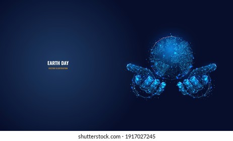 Abstract 3d hands holding Earth in dark blue. Digital vector world globe wireframe looks like starry sky. Earth Day, environment, save planet concept. Low poly mesh with dots, lines and particles 

