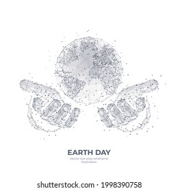  Abstract 3d hands holding Earth. Digital vector world globe wireframe. Earth Day, environment, save planet concept isolated in white. Low poly sketch drawing with connected dots, lines and triangles
