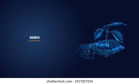 Abstract 3d hands holding soil with sprout. Digital vector wireframe of plant in dark blue. Growth, environment, nature, ecology concept. Polygonal mesh with dots, lines, shapes and glowing stars

