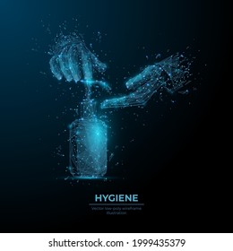 Abstract 3d hands using liquid soap or sanitizer pump dispenser  in dark blue. Hygiene, disinfection, prevention virus and germs concept. Digital vector wireframe with connected dots and flying debris