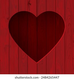 Abstract 3D heart frame on red painted cut timber panels square background with blank space. Valentine's day greeting card square template.