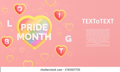 Abstract 3d hearts, minimal, cute vector illustration in soft shades. Pride Month. Copy space. LGBTQI - lesbian, gay, bisexual, transgender, questioning, intersex. 