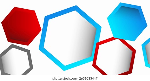 Abstract 3D hexagon shapes with bright gradients and bold outlines on a white background, modern and colorful design.