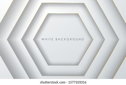 Abstract 3D hexagon white background with gold line effect