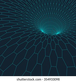 Abstract 3d Hexagonal Surface Looks Like Funnel. Futuristic Technology Style. Perspective Grid Background Texture. Cyberspace hexagon grid. 3d technology vector 