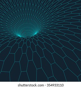 Abstract 3d Hexagonal Surface Looks Like Funnel. Futuristic Technology Style. Perspective Grid Background Texture. Cyberspace hexagon grid. 3d technology vector 