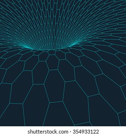 Abstract 3d Hexagonal Surface Looks Like Funnel. Futuristic Technology Style. Perspective Grid Background Texture. Cyberspace hexagon grid. 3d technology vector 