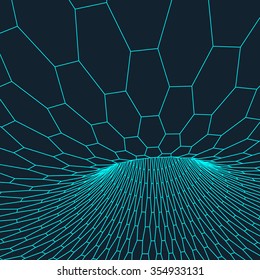 Abstract 3d Hexagonal Surface Looks Like Funnel. Futuristic Technology Style. Perspective Grid Background Texture. Cyberspace hexagon grid. 3d technology vector 