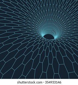 Abstract 3d Hexagonal Surface Looks Like Funnel. Futuristic Technology Style. Perspective Grid Background Texture. Cyberspace hexagon grid. 3d technology vector 