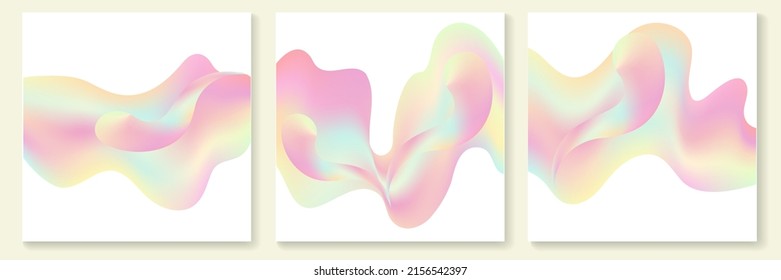Abstract 3d holographic fluid shape vector mesh background. .Social media post template with gradient wavy liquid. Dynamic pink form, pastel pearl flow splash. 90s design illustration card collection
