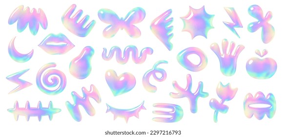 Abstract 3D holographic forms, assorted volumetric vector simple shapes objects in Y2K style, isolated on white backdrop