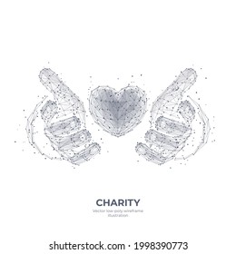 Abstract 3d human hands holding giving heart symbol isolated in white  Charity  volunteering  social care concept  Digital low poly wireframe and  dots  lines   triangles  Vector sketch drawing
