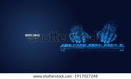 Abstract 3d human hands typing on computer or laptop keyboard. Office work, workplace or business concept. Digital vector wireframe in dark blue. Low poly mesh with dots, lines, stars and shapes
