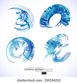 Abstract 3d icon set with blue ribbon elements. Design elements with spiral motion.