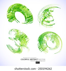 Abstract 3d icon set with green ribbon elements. Design elements with spiral motion.