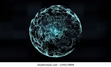 Abstract 3d Illuminated distorted Mesh Sphere . Neon Sign . Futuristic Technology HUD Element . Elegant  Destroyed  . Big data visualization .