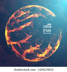 Abstract 3d Illuminated distorted Mesh Sphere . Neon Sign . Futuristic Technology HUD Element . Elegant  Destroyed  . Big data visualization .